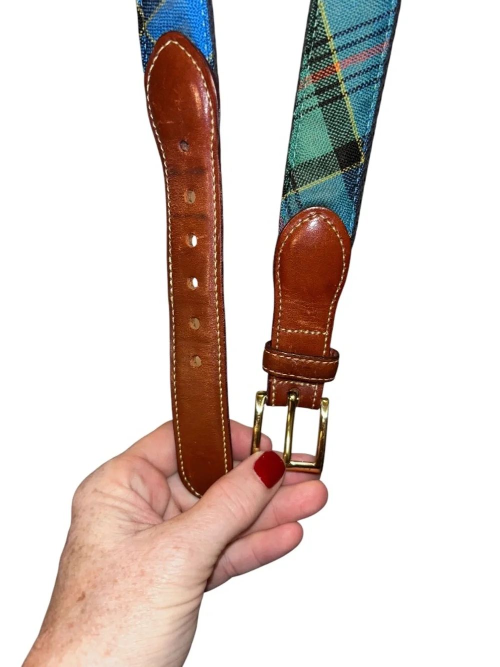 Blue green  Stewart tartan Plaid silk grosgrain leather belt 36 FALL HOLIDAY